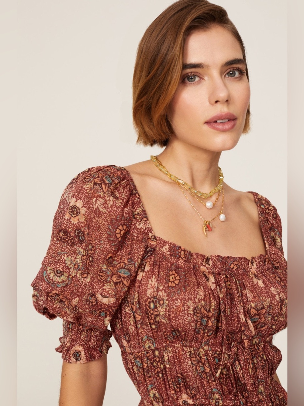 Ulla Johnson Floral Puff Sleeve Smocked Mini Dress Brown Print 4 Boho Romantic - Picture 4 of 16